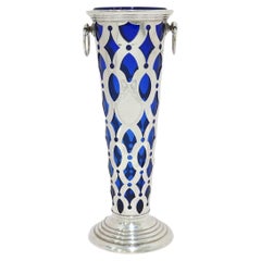 13.25 in Sterling Silver Blue Glass Bailey, Banks & Biddle Antique Openwork Vase