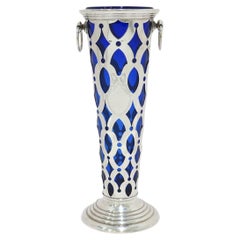 Antike durchbrochene Bailey, Banks & Biddle-Vase, 13,25 in Sterlingsilber, blaues Glas