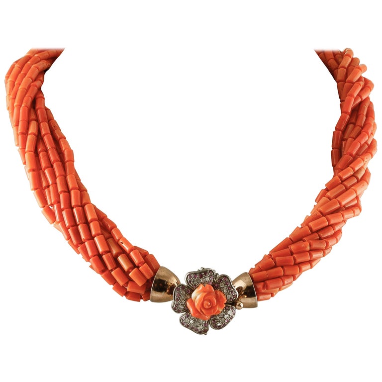 Orange Corals MultiStrands Necklace with Rose Gold and Silver Closure