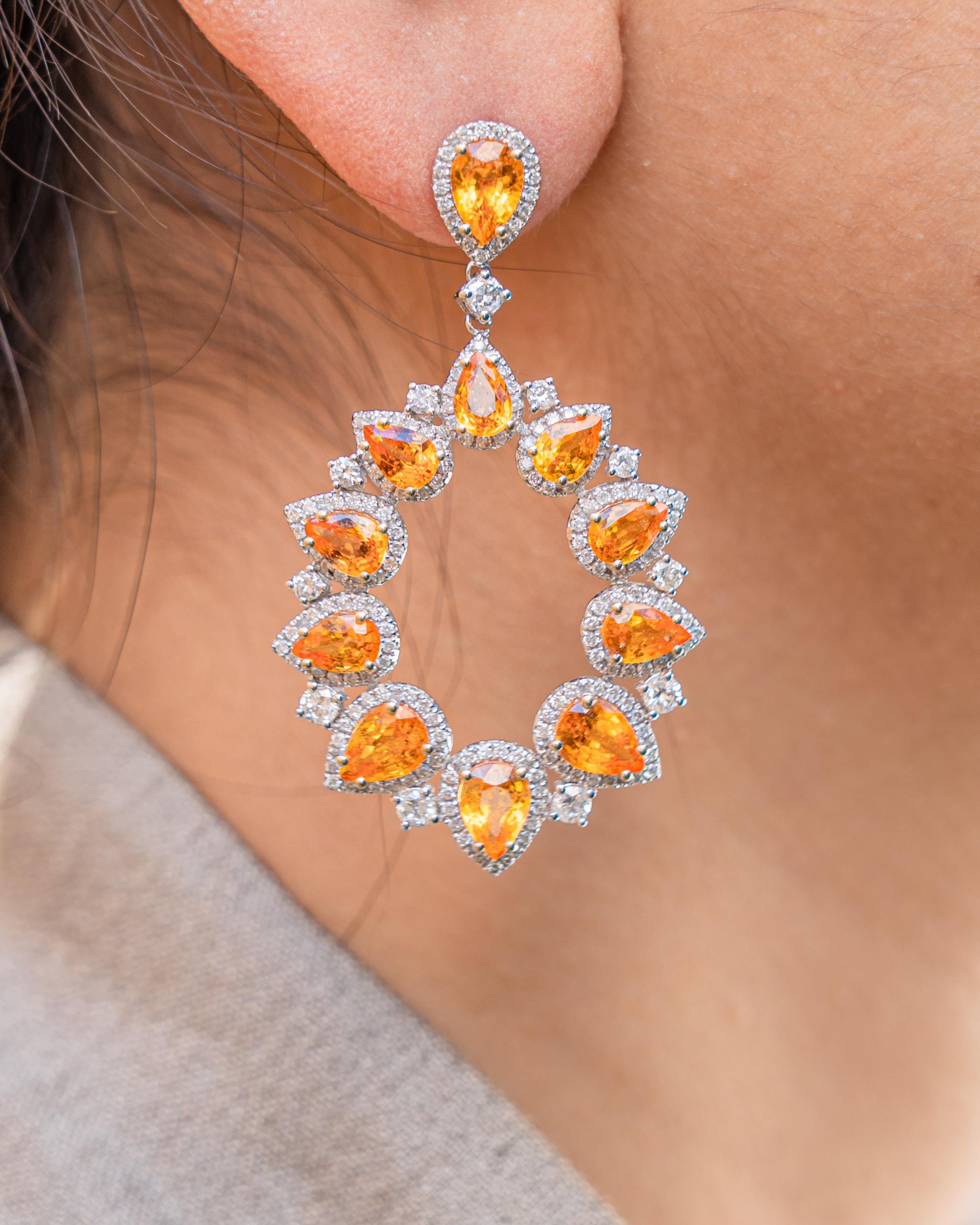 Modern 13.27 Carat Orange Sapphire and Diamond Dangle Earrings For Sale