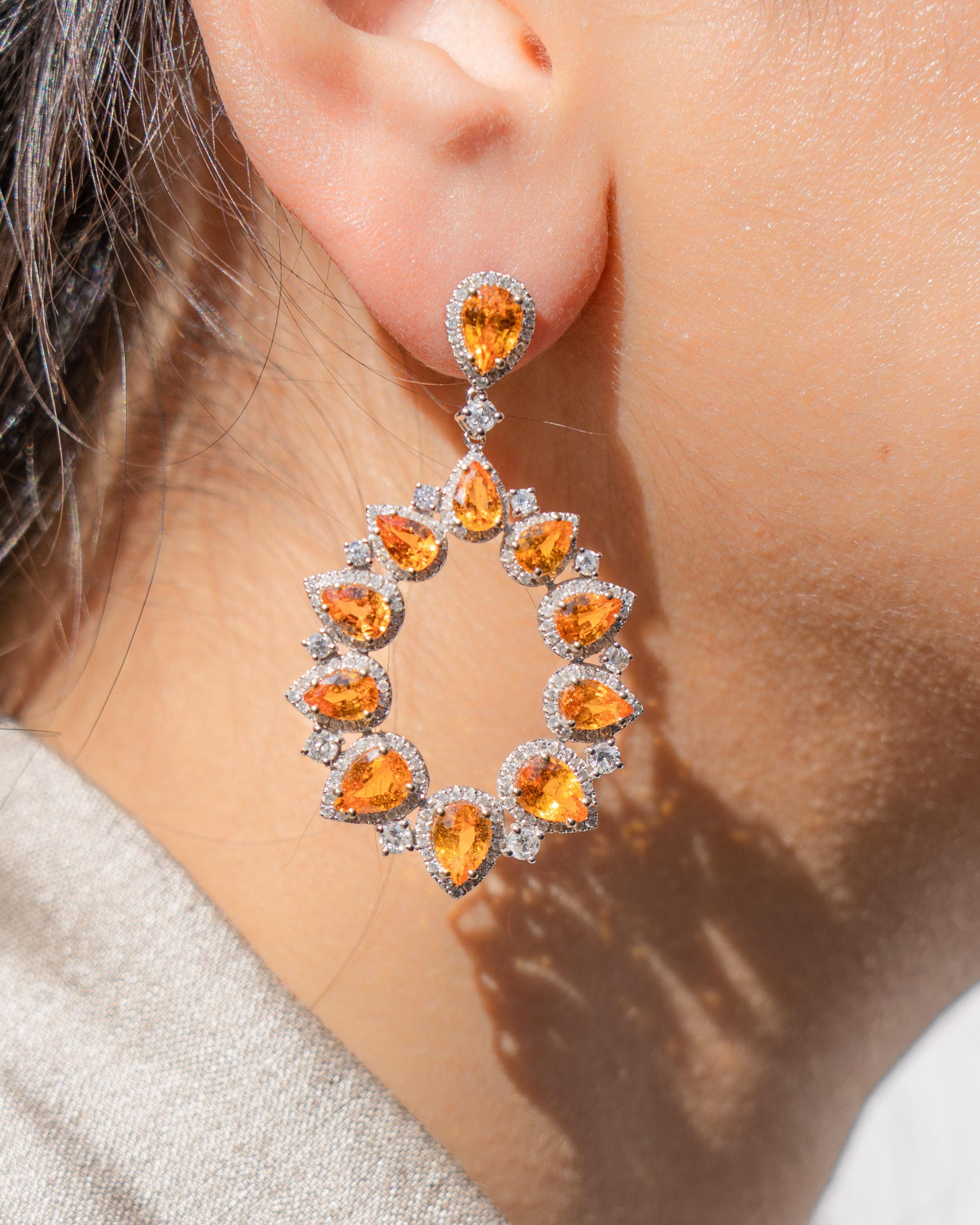 Pear Cut 13.27 Carat Orange Sapphire and Diamond Dangle Earrings For Sale