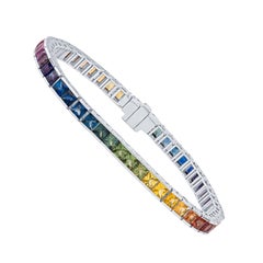13.27 Carat Princess Cut Rainbow Sapphire Tennis Bracelet, 14 Karat White Gold
