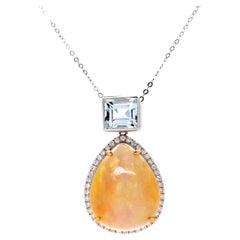 13.27ct Opal, Aquamarine and Diamond Halo 18 Karat Gold Pendant Necklace