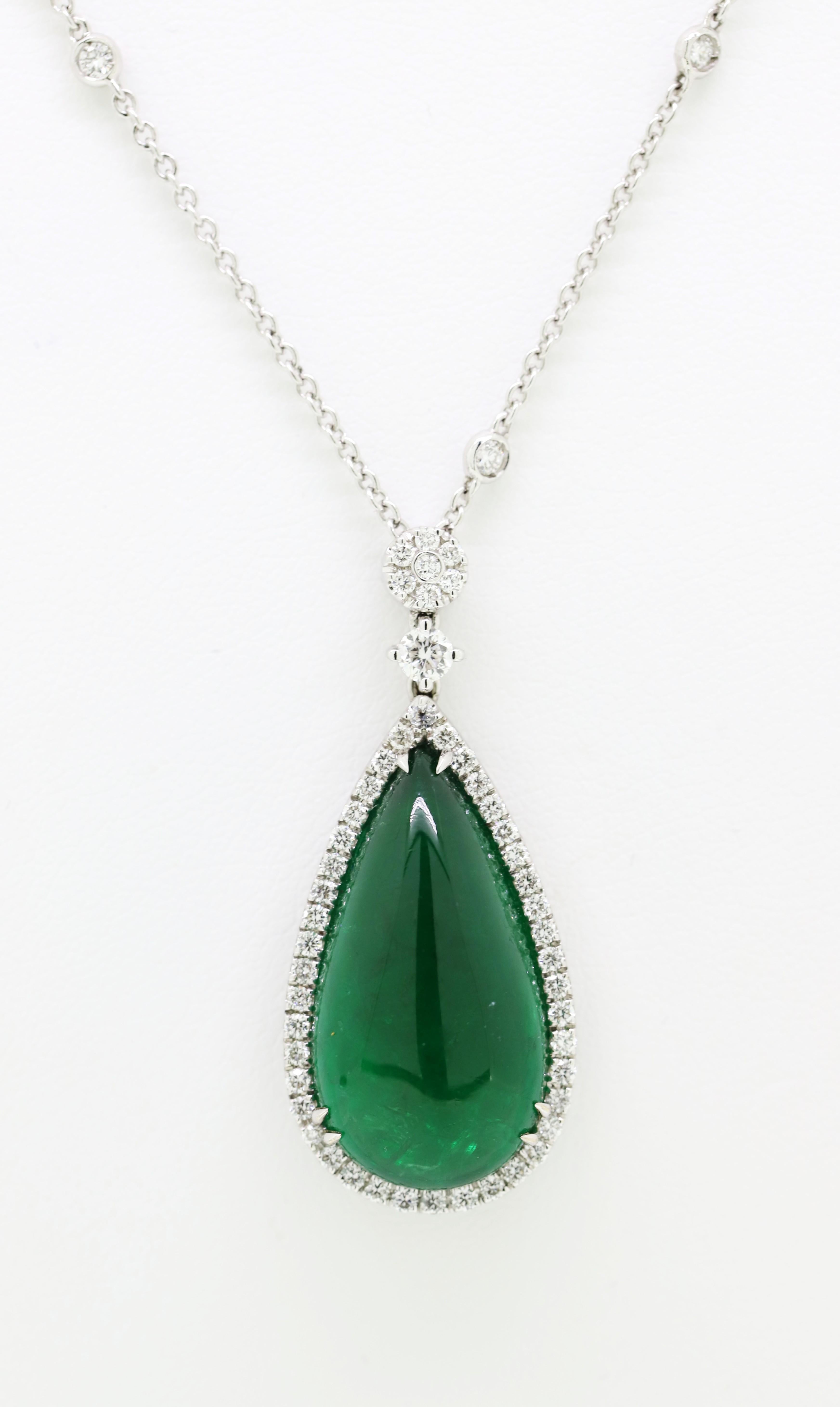 Pear Cut 13.28 Carat Emerald Cabouchon with White Diamonds Pendant Necklace For Sale