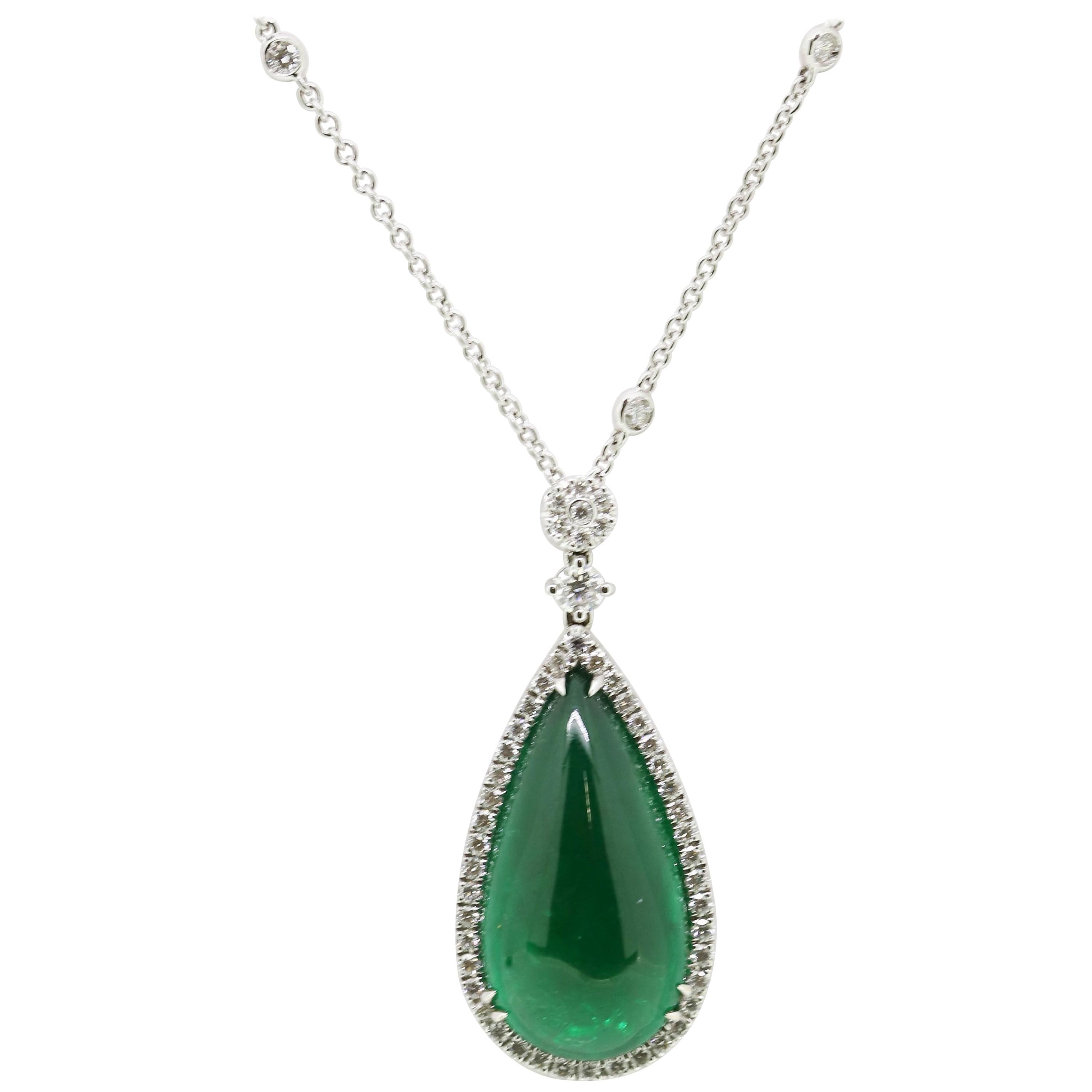 13.28 Carat Emerald Cabouchon with White Diamonds Pendant Necklace For Sale