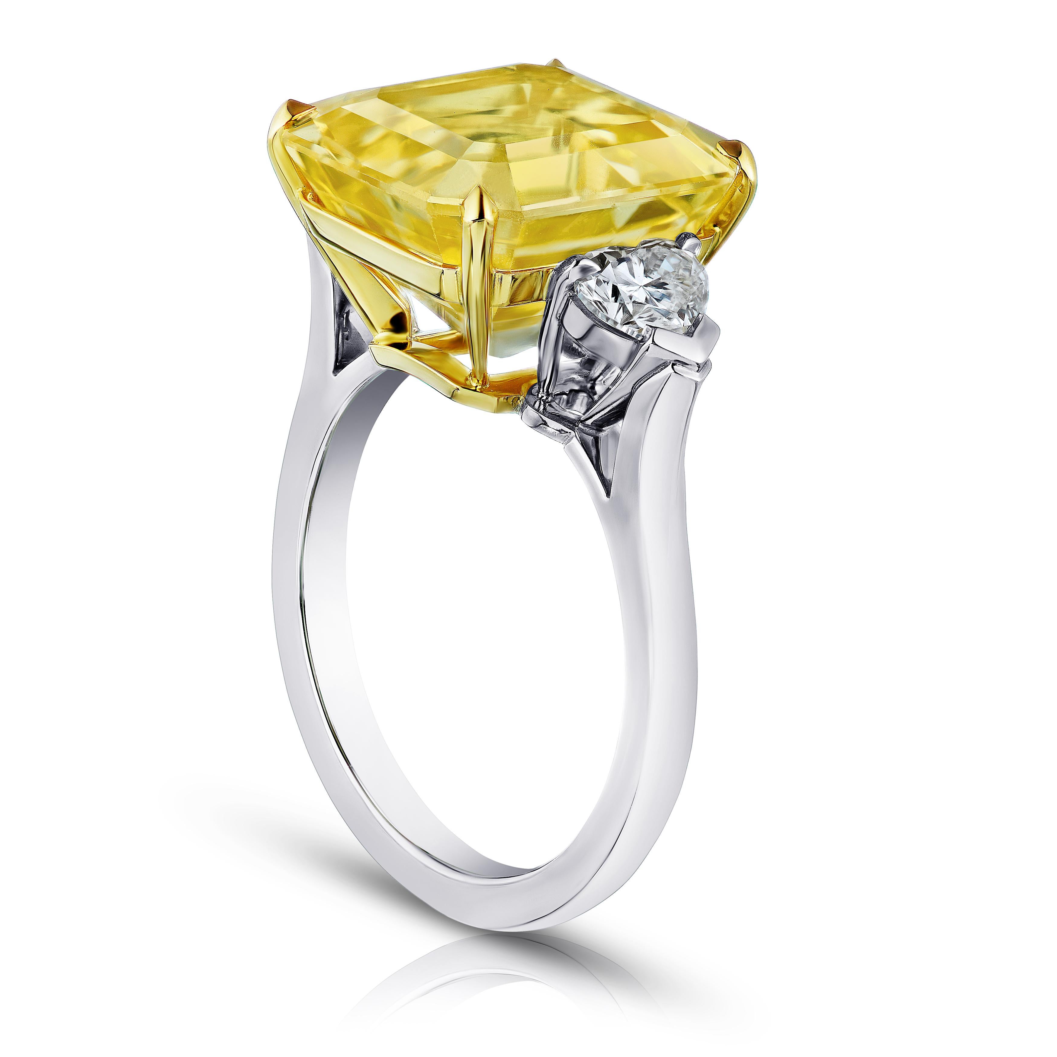13.28 Carat Asscher Cut (natural no heat) Yellow Sapphire with heart shape diamonds .80 carats set in a handmade platinum with 18k yellow gold ring