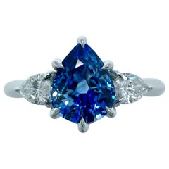 1.32ct Ceylon Blue Sapphire & Diamond 18k White Gold Pear Cut Three Stone Ring