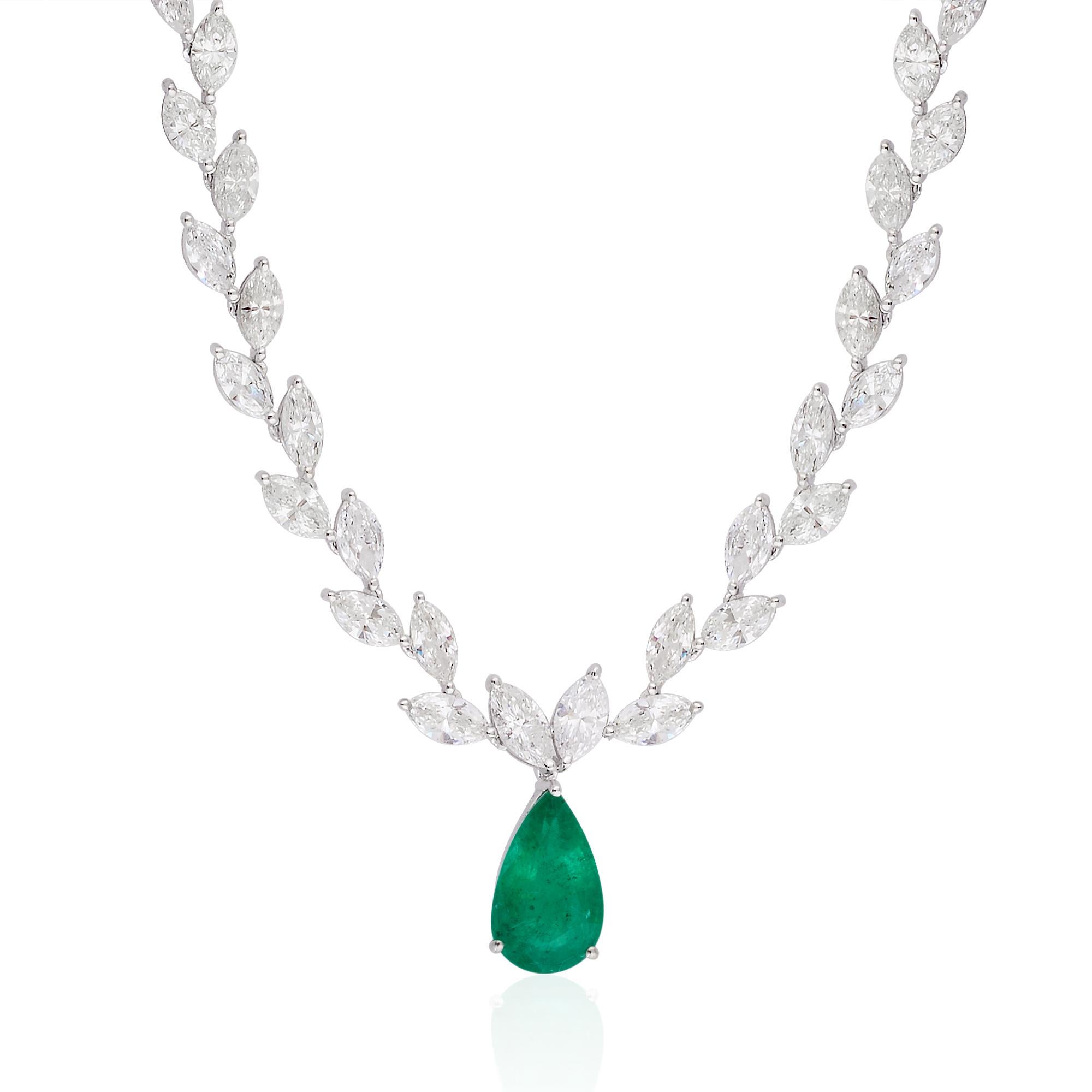 Art Deco 13.2Ct Diamond 2.9Ct Zambian Emerald 14 Karat White Gold Drop Necklace For Sale