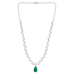 13.2Ct Diamond 2.9Ct Zambian Emerald 14 Karat White Gold Drop Necklace