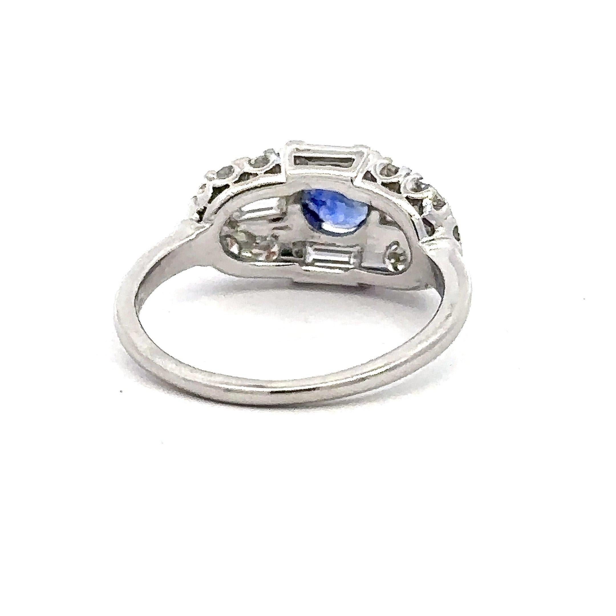 1.32CT Diamond & Sapphire Platinum Art Deco Vintage Ring For Sale 5