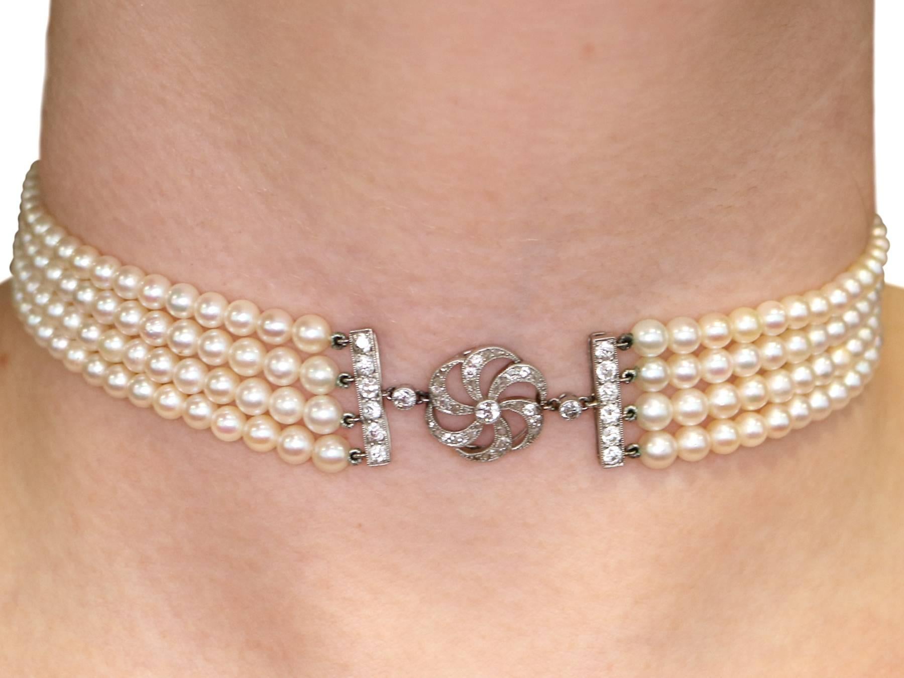 Antique 1.32 Carat Diamond Four Strand Pearl Choker Platinum Feature & Clasp 5