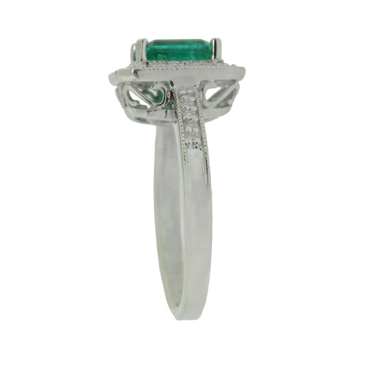 Material-14k White Gold
Gemstone Details-Emerald Cut Emerald apprx. 1.32ctw , Measuring 7mm x 6mm 
Diamond details-Approx. 0.36 ctw of round cut diamonds. Diamonds are G/H in color and VS in clarity
Ring Size-6.50 (can be sized)
Total Weight-4.9g
