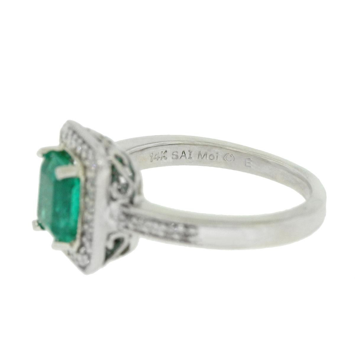 Women's 1.32 Carat Emerald Cut Emerald Diamond Halo Ladies Ring