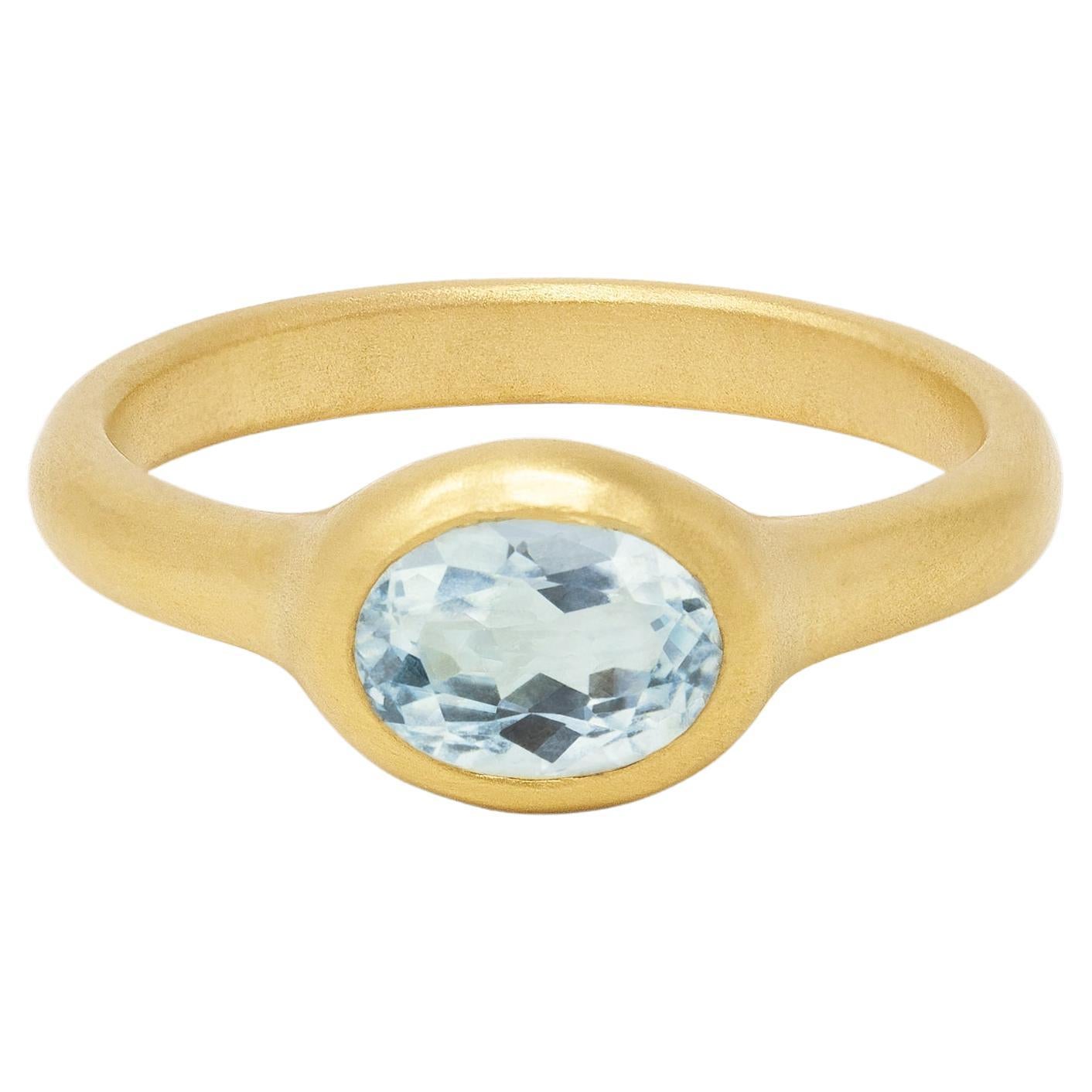 For Sale:  1.32ct Oval Cut Aquamarine 18k Yellow Matte Gold Minimalist Stacking Ring