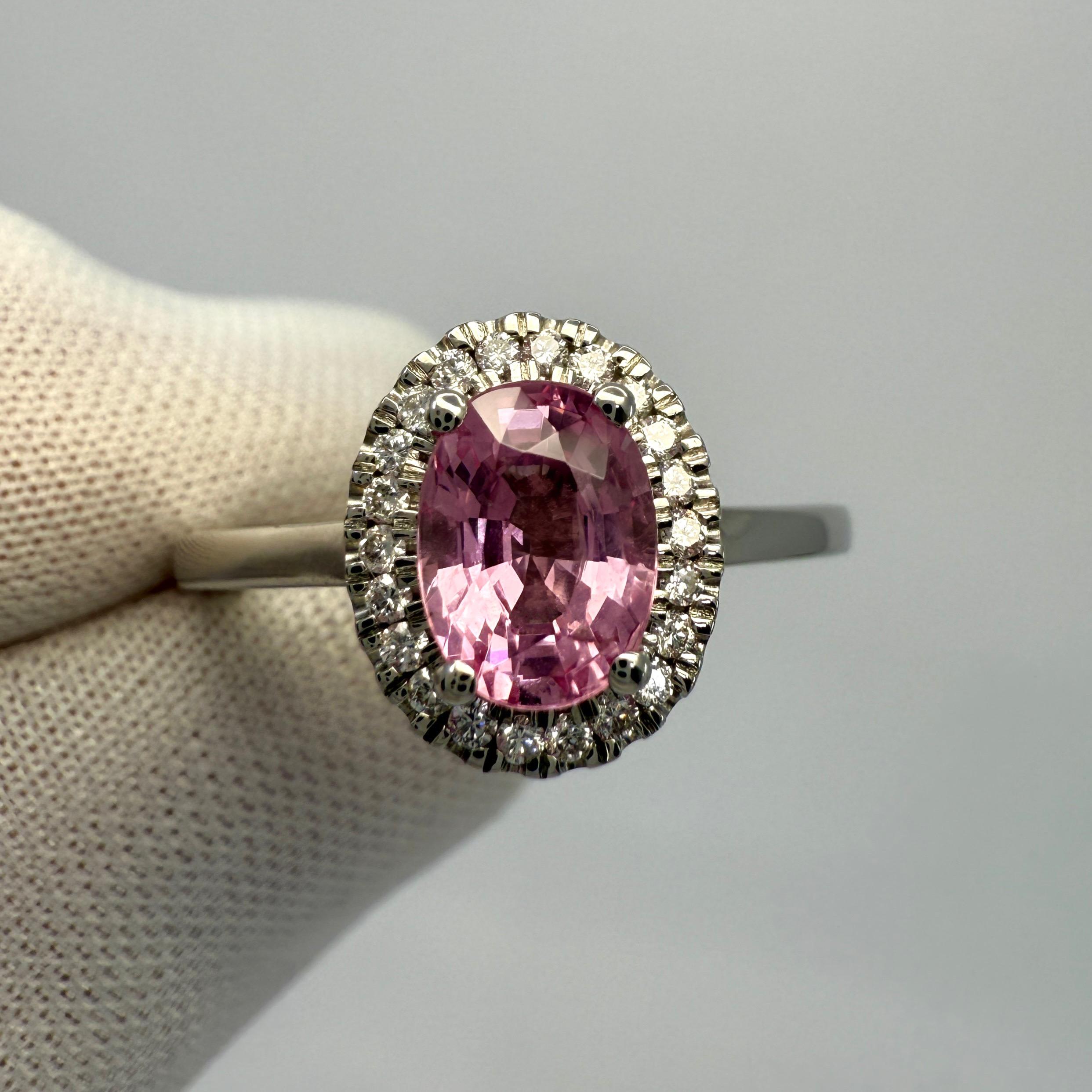 1.32ct Oval Cut Vivid Pink Mahenge Spinel & Diamond Platinum Halo Ring For Sale 2