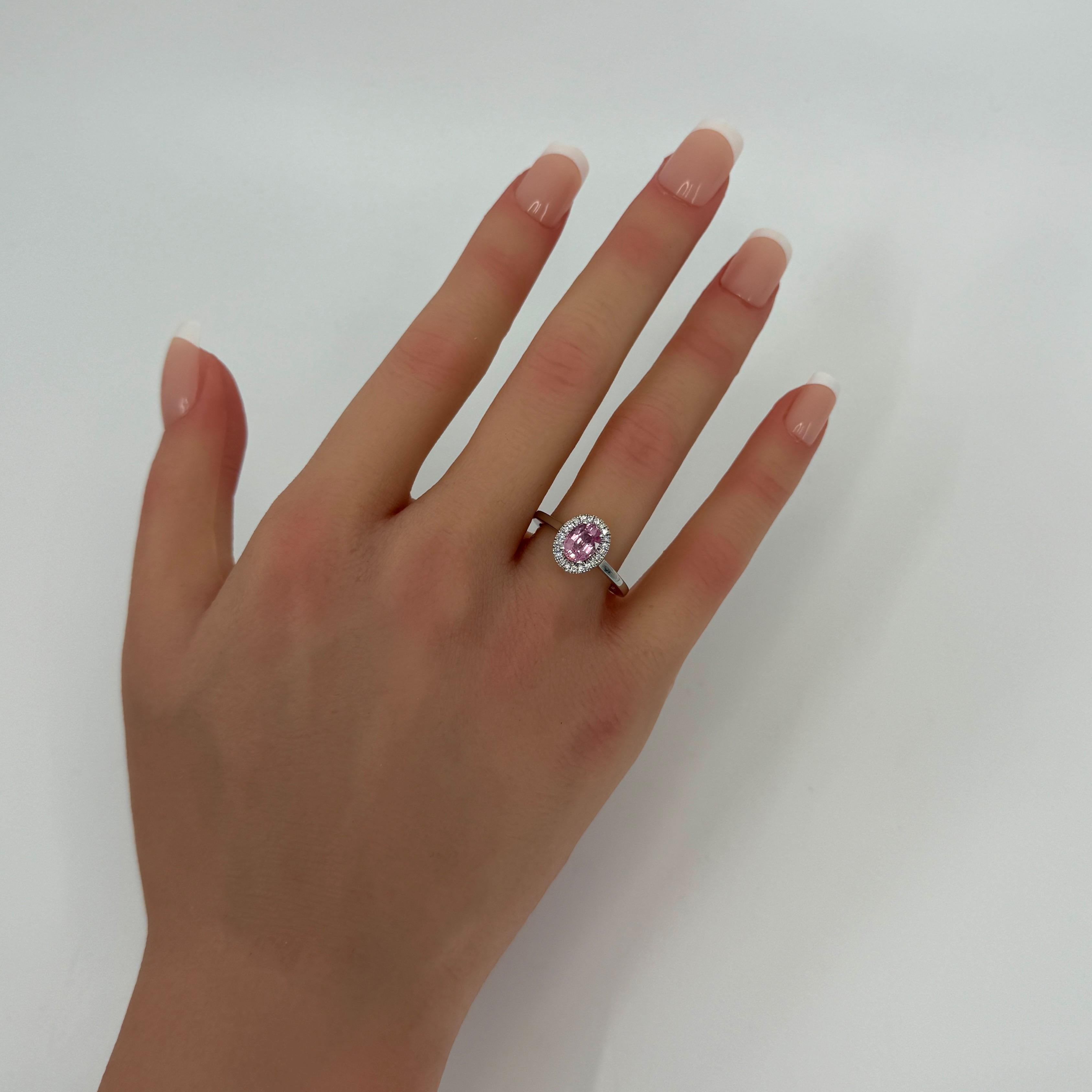 1.32ct Oval Cut Vivid Pink Mahenge Spinel & Diamond Platinum Halo Ring For Sale 3