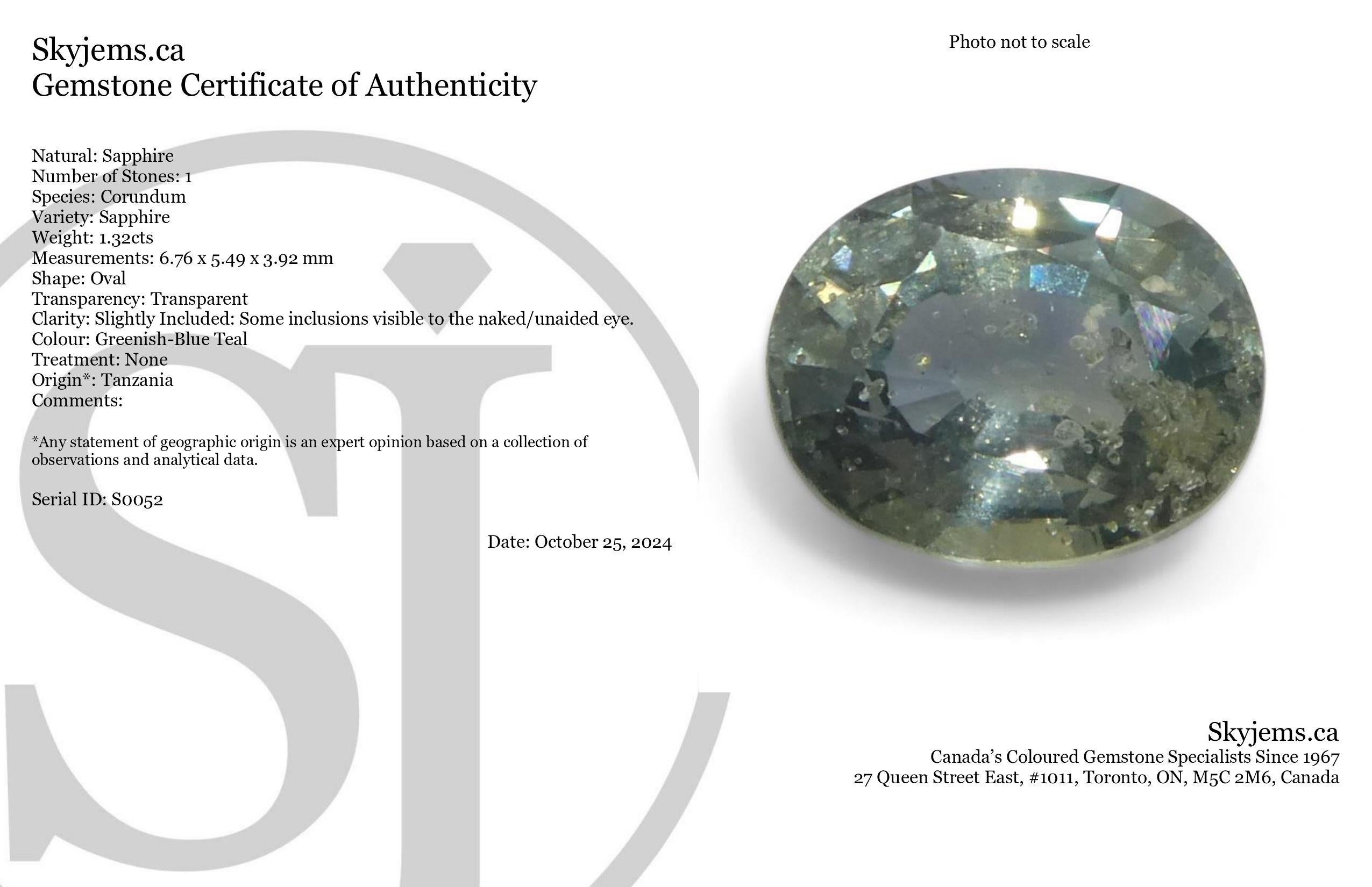 Description:

Gem Type: Sapphire 
Number of Stones: 1
Weight: 1.32 cts
Measurements: 6.76 x 5.49 x 3.92 mm
Shape: Oval
Cutting Style Crown: Modified Brilliant Cut
Cutting Style Pavilion: Step Cut 
Transparency: Transparent
Clarity: Slightly