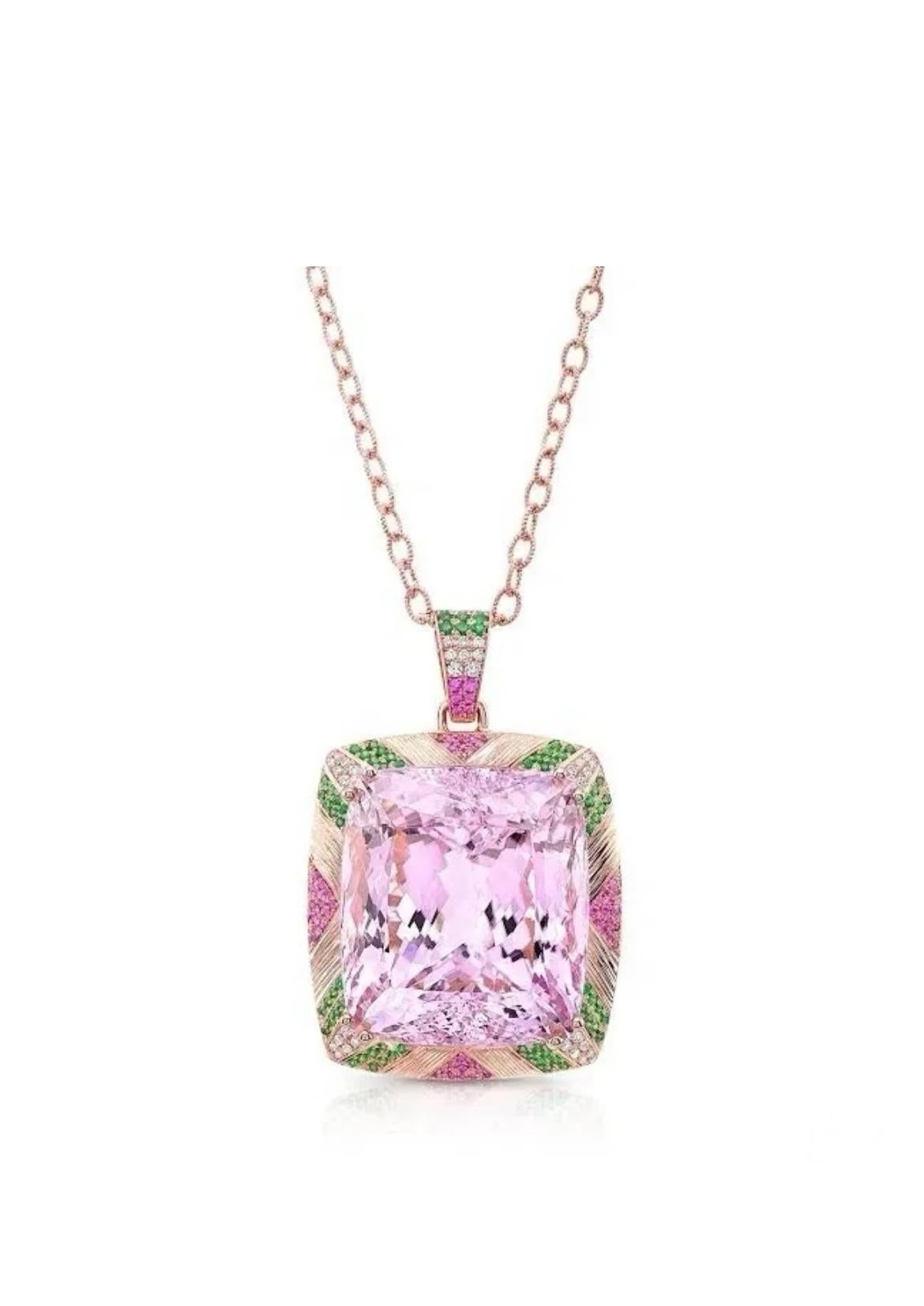 18K rose gold pendant, featuring an opulent 132-carat cushion-cut Pink Kunzite, adorned by Pink Sapphires 0.67 cts, Tsavorite Garnets 1.01 cts and white shimmering diamonds 0.52 cts. 

In the years since, kunzite has proven to be a highly desirable
