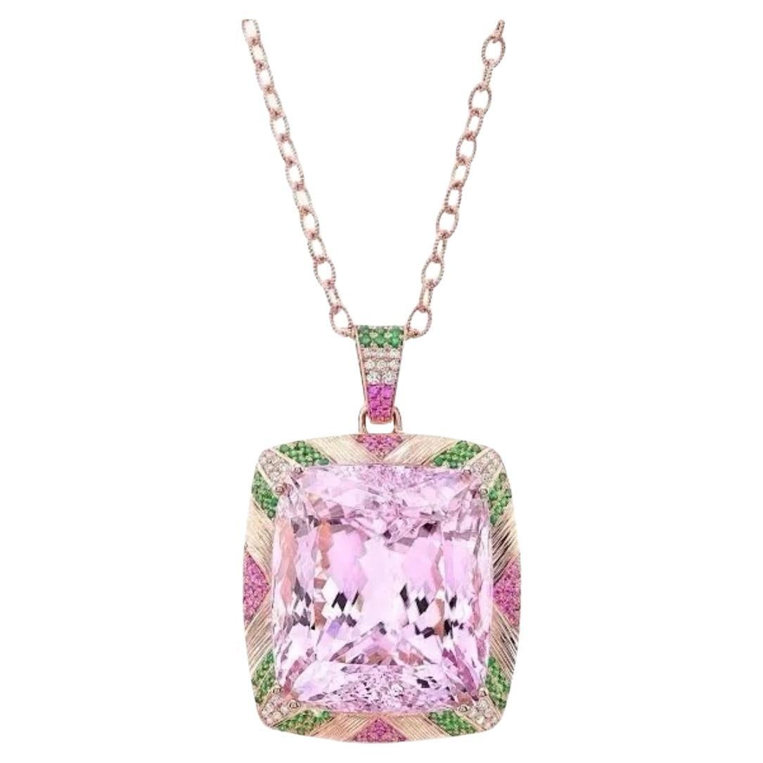 132ct cushion Pink Kunzite, Tsavorite and Pink Sapphire Necklace. For Sale