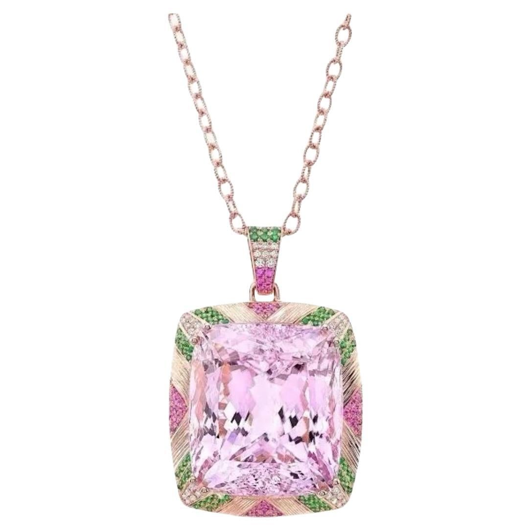 132ct cushion Pink Kunzite, Tsavorite and Pink Sapphire Necklace.  For Sale