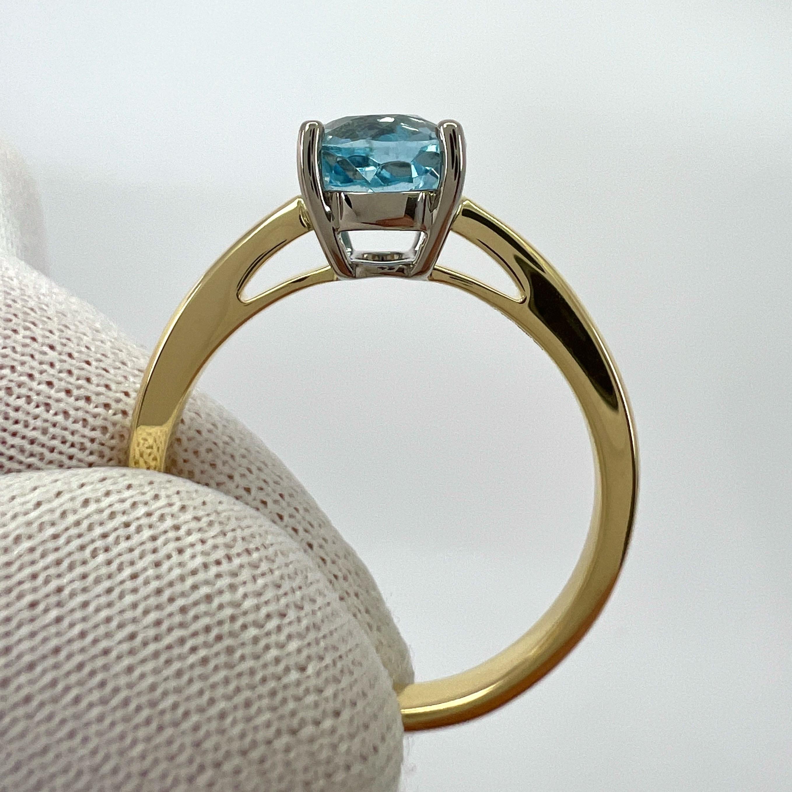 Women's or Men's 1.32ct Santa Maria Blue Aquamarine 18k White & Yellow Gold Oval Solitaire Ring For Sale