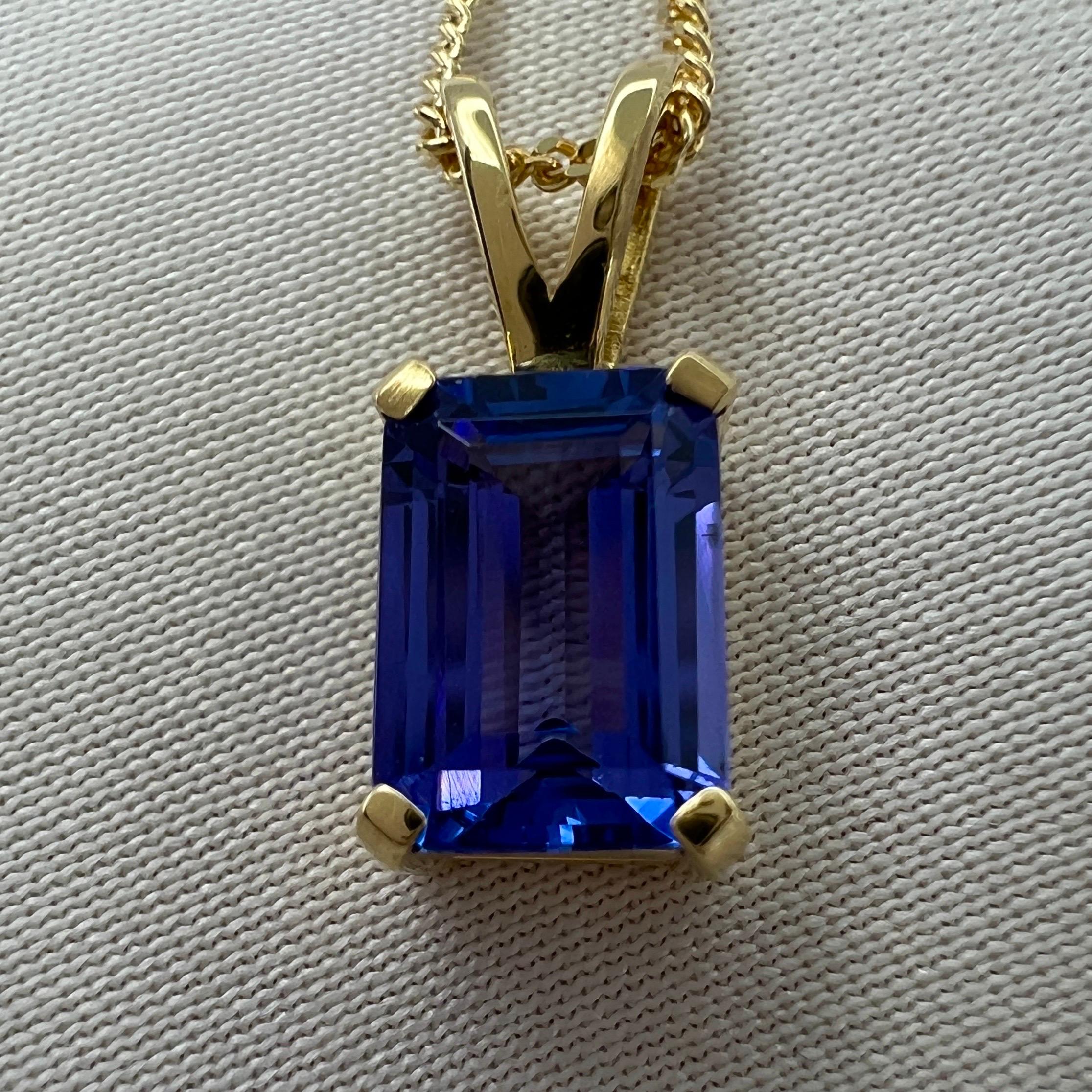 1.32ct Vivid Violet Blue Tanzanite 18k Yellow Gold Emerald Cut Pendant Necklace 3