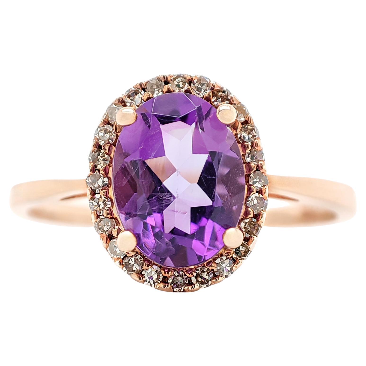 NO RESERVE 1.32CTW Amethyst and Diamonds Engagement Ring 14K Rose Gold For Sale