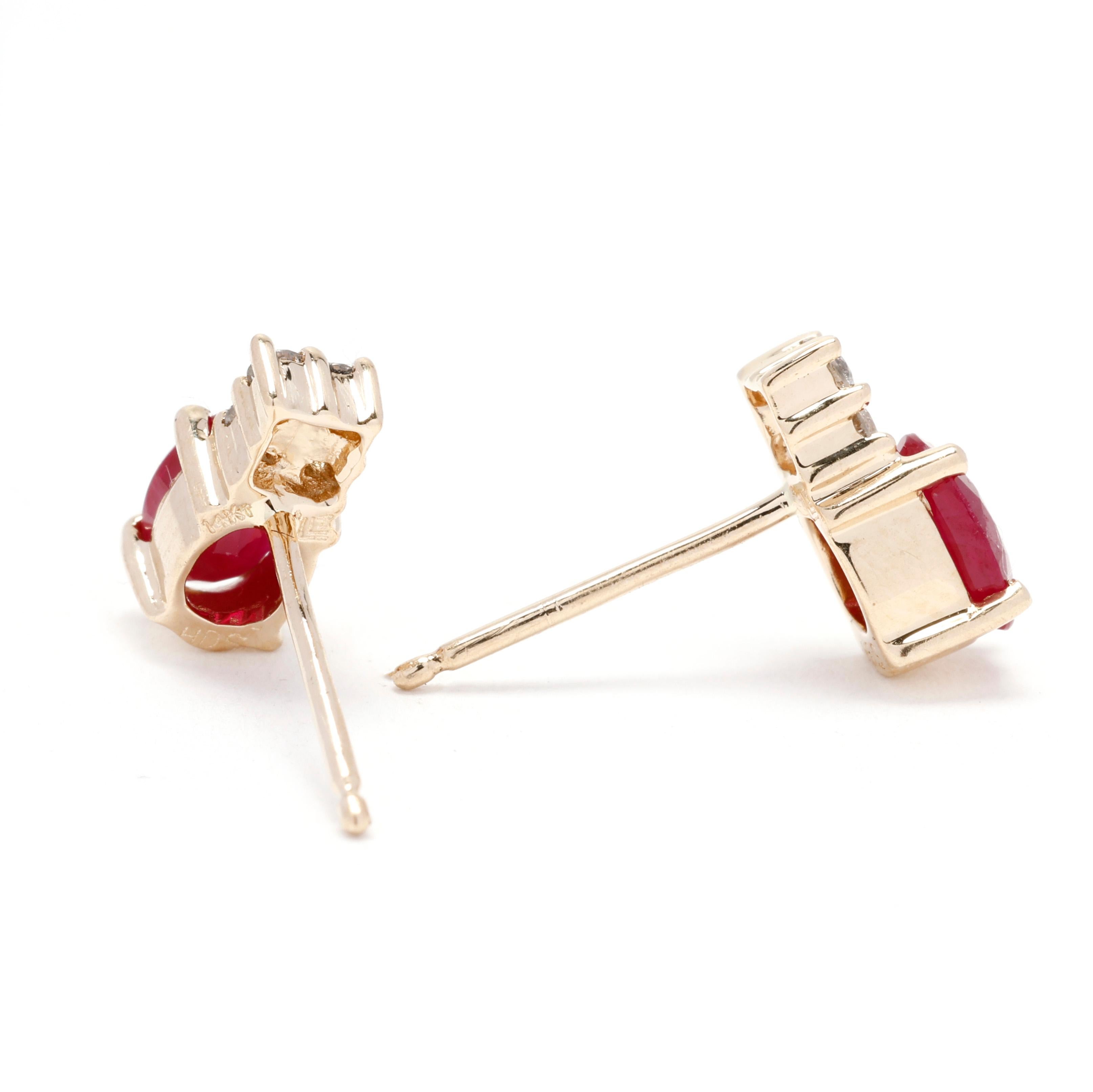 Elevate your jewelry collection with these exquisite 1.32ctw Diamond and Ruby Stud Earrings. Crafted in luxurious 14k yellow gold, these stunning earrings feature brilliant round diamonds surrounding vibrant red rubies, creating a captivating