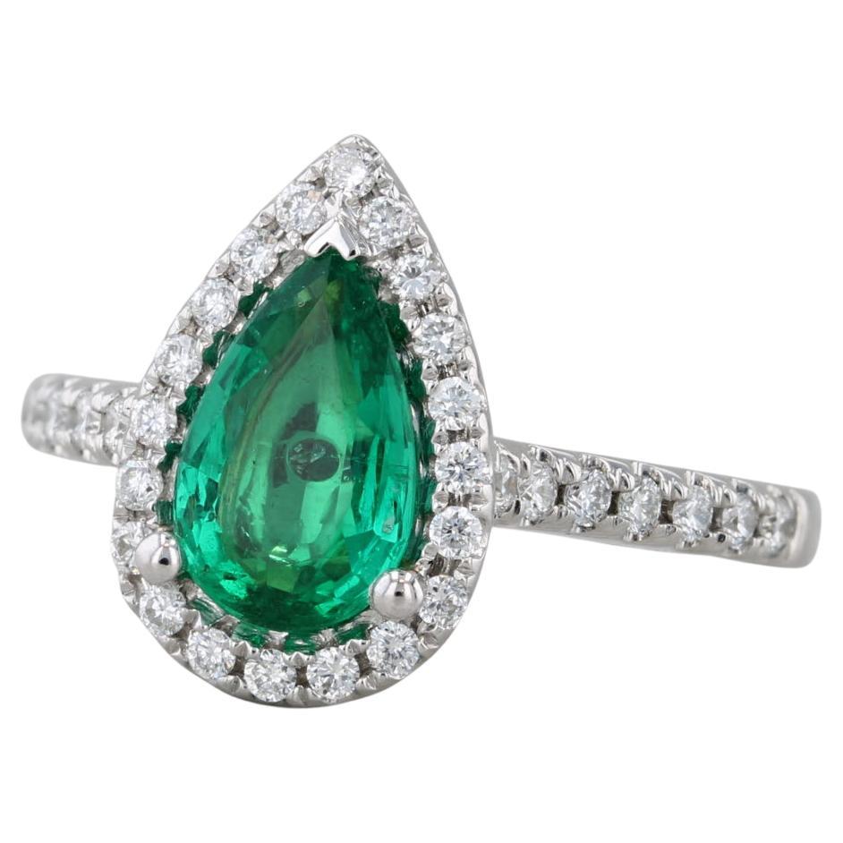 1.32ctw Emerald Diamond Halo Teardrop Ring 14k White Gold Size 6.5 Engagement For Sale