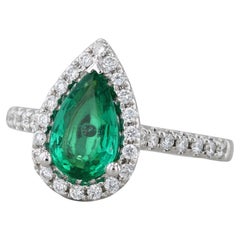 1.32ctw Emerald Diamond Halo Teardrop Ring 14k White Gold Size 6.5 Engagement