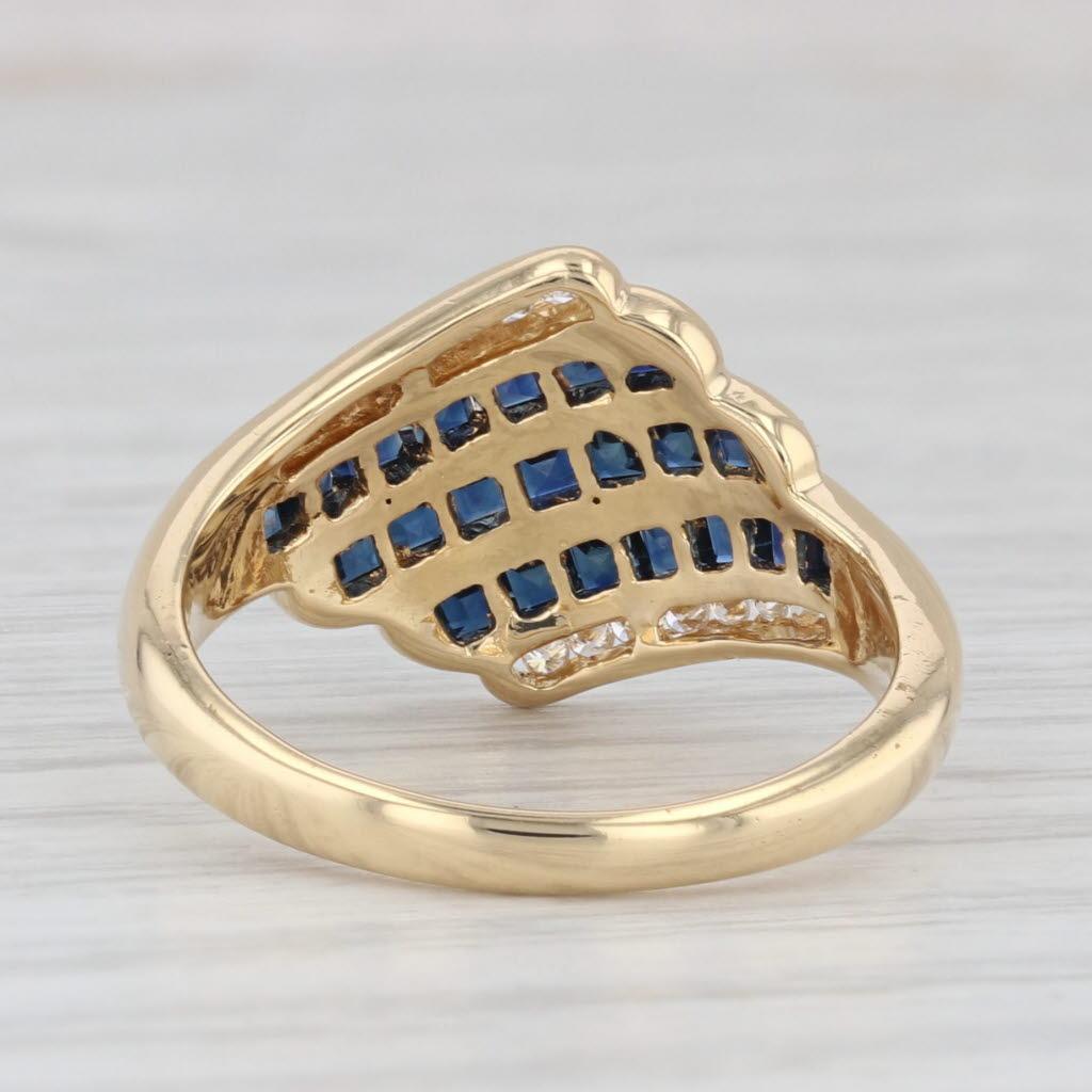 Square Cut 1.32ctw Scalloped Blue Sapphire Diamond Ring 18k Yellow Gold Bypass Size 7 For Sale