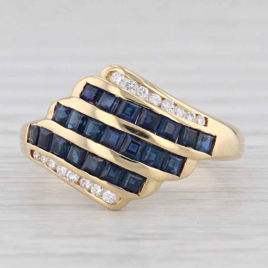 1.32ctw Scalloped Blue Sapphire Diamond Ring 18k Yellow Gold Bypass Size 7 For Sale 2