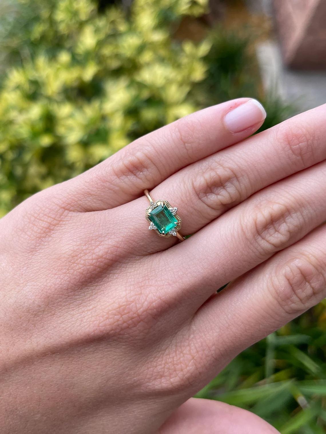 Modern 1.32tcw 14K Natural Emerald-Emerald Cut & Diamond Accents For Sale