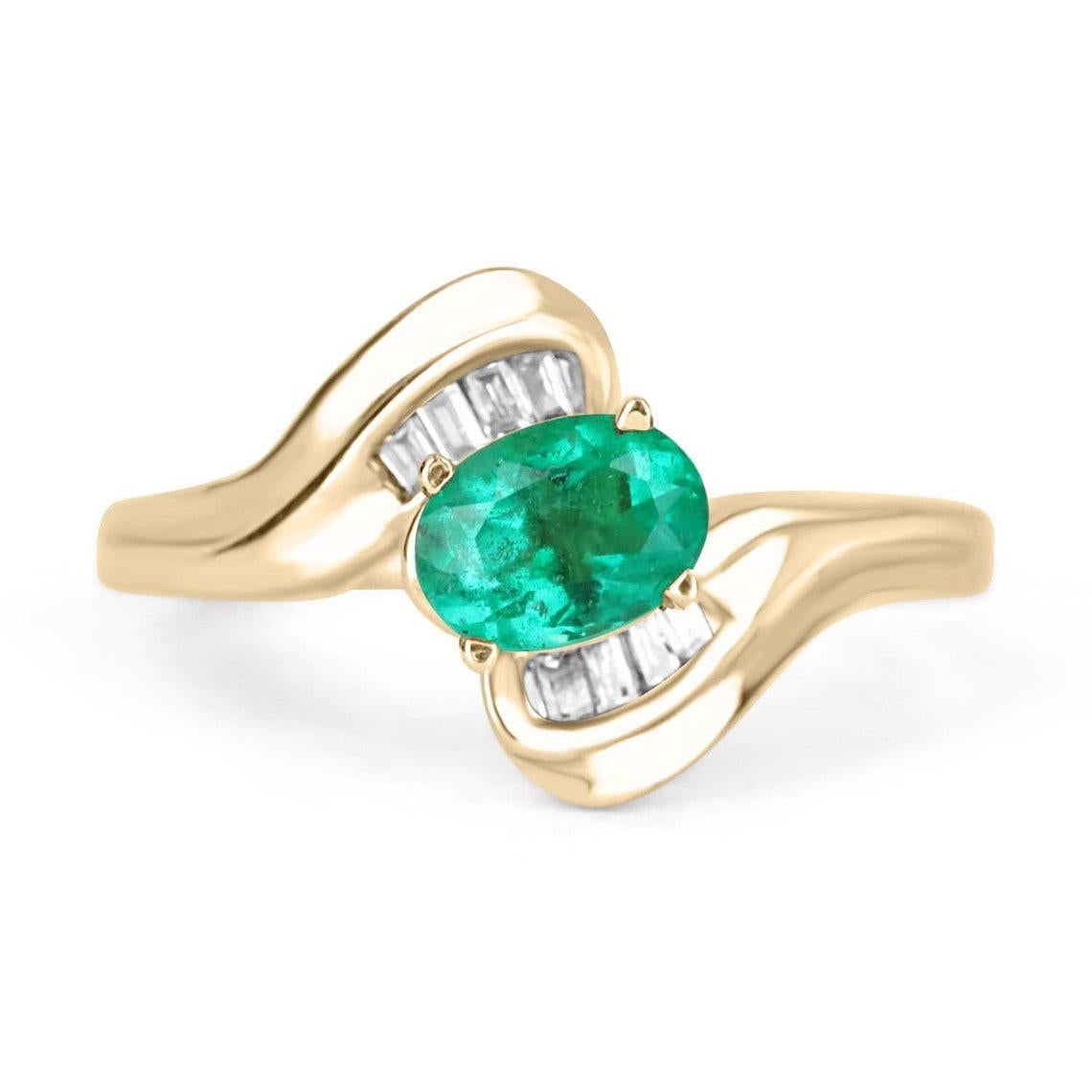 Oval Cut 1.32tcw 14K Oval Colombian Emerald & Diamond Baguette Statement Ring For Sale