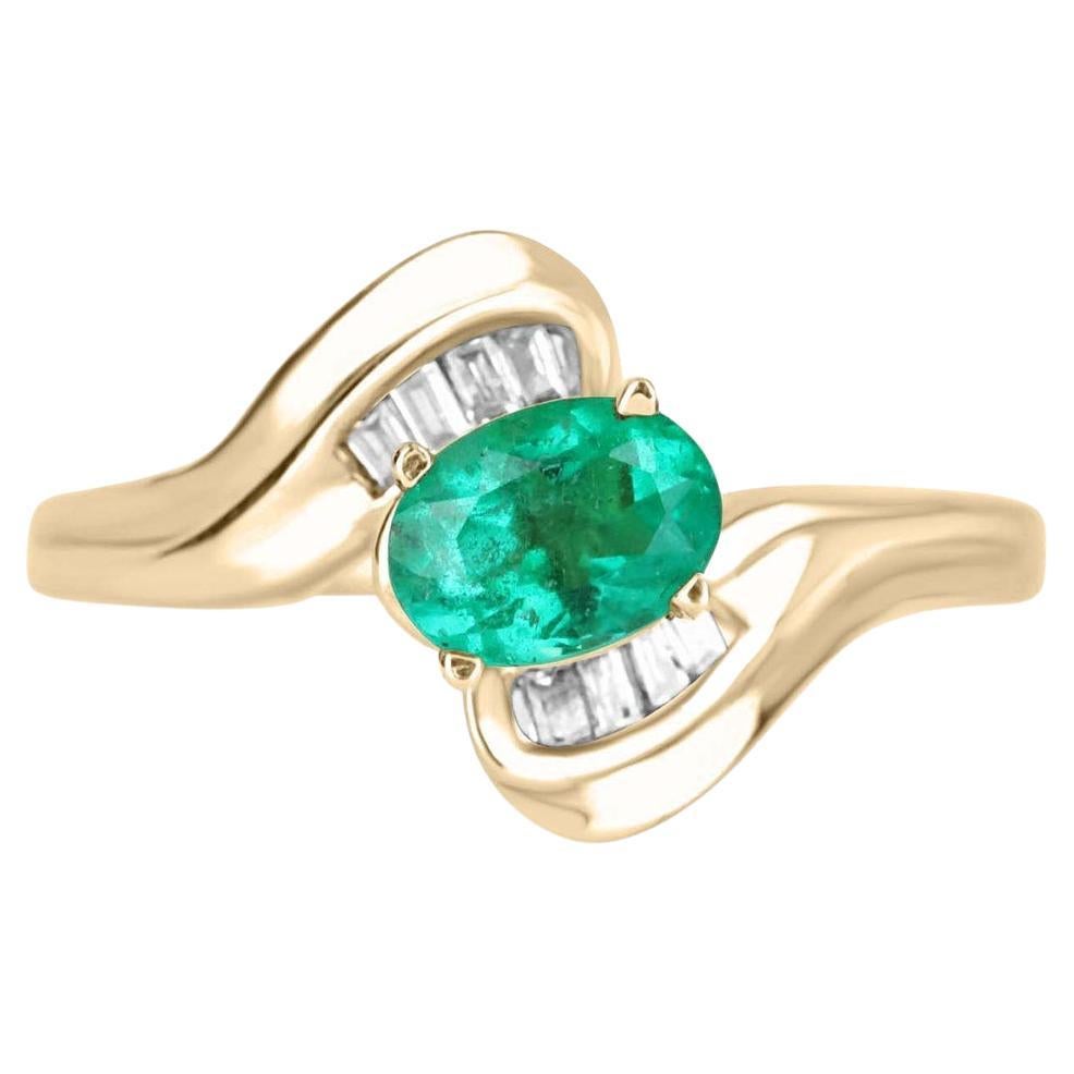1.32tcw 14K Oval Colombian Emerald & Diamond Baguette Statement Ring For Sale