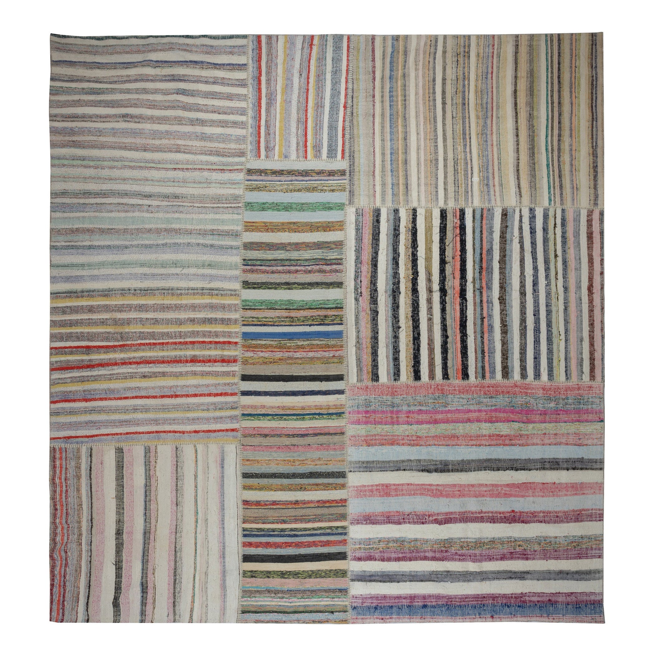 13.2x13.2 ft Adjustable Vintage Banded Cotton Kilim Carpet, Flat-Weave Rag Rug