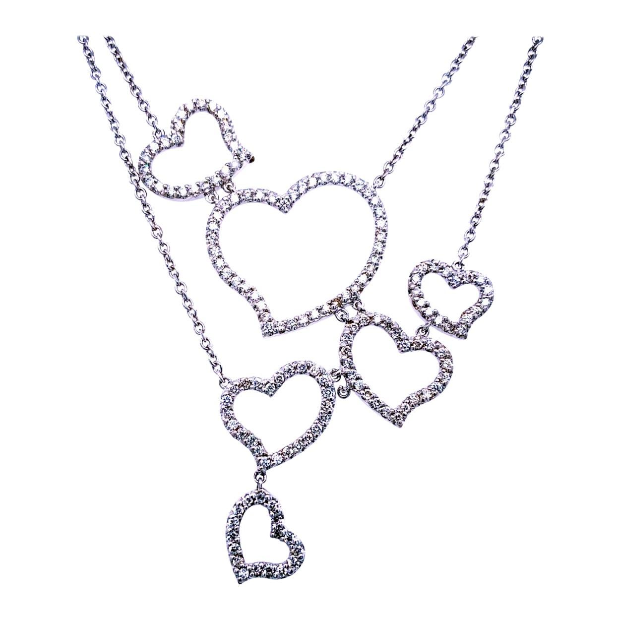 1.33 Carat 14 Karat Gold Pave Set Multi Heart Diamond Necklace For Sale