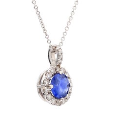 1.33 Carat Blue Sapphire Pendant with Diamond Halo 14K White Gold