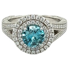 Bague cocktail vintage de 1,33 carat de diamants et zircon bleu Estate Fine Jewelry