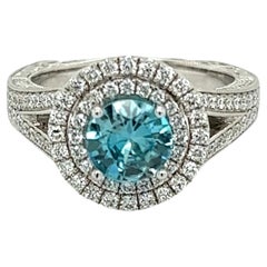 1.33 Carat Blue Zircon Diamond Vintage Gold Cocktail Ring Estate Fine Jewelry