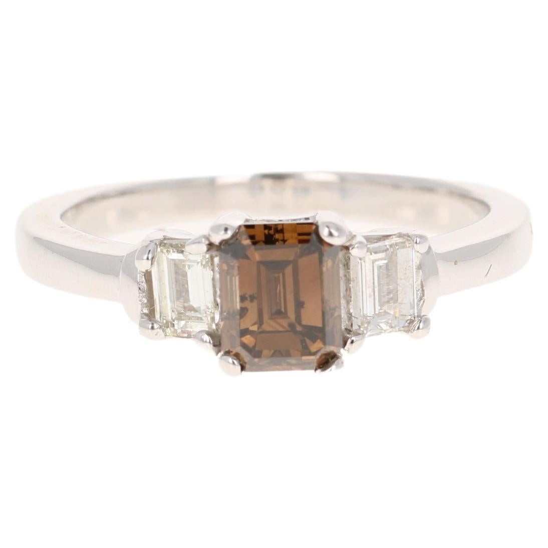 1.33 Carat Brown Diamond White Gold Three Stone Engagement Ring For Sale