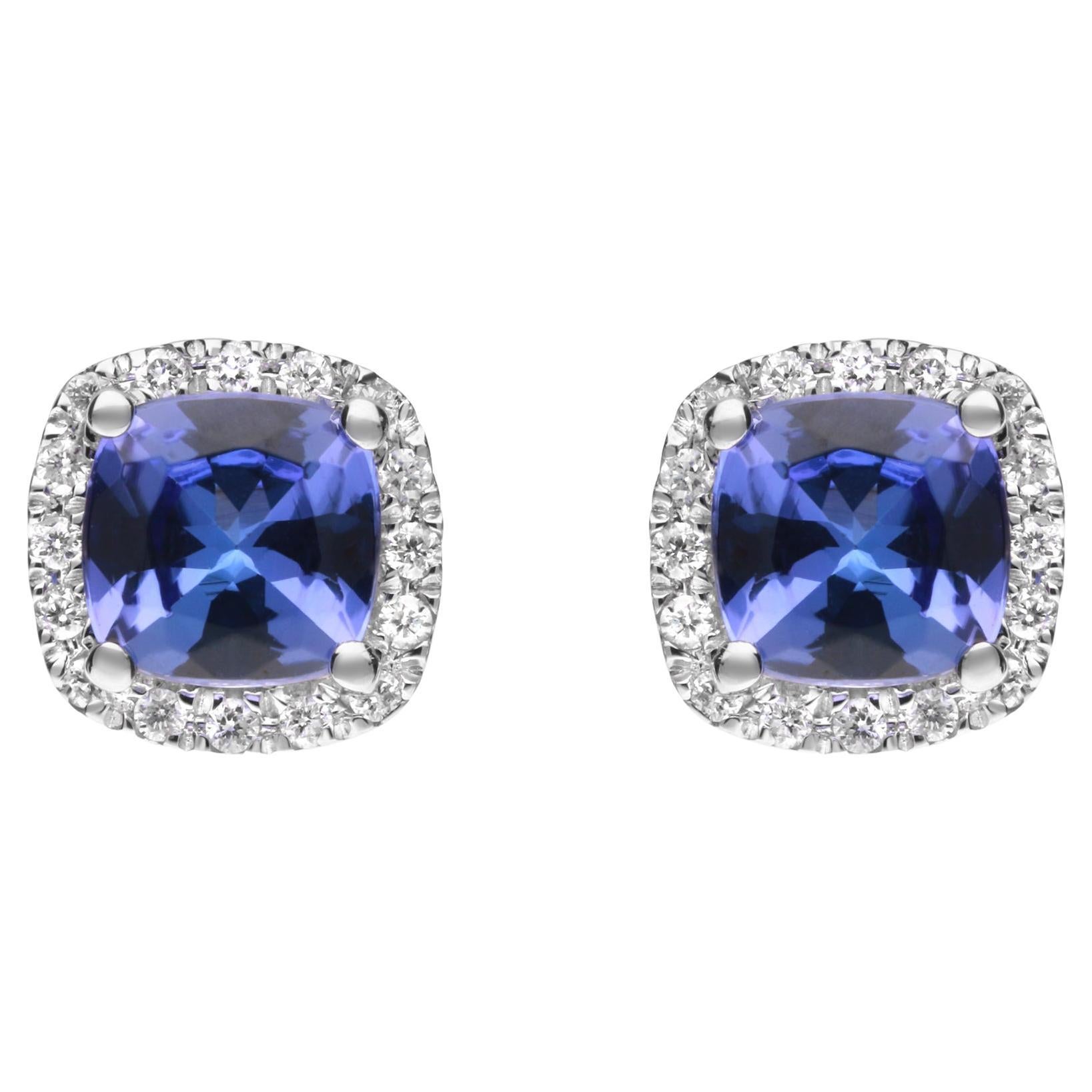 1.33 Carat Cushion-Cut Tanzanite Diamond Accents 14K White Gold Studs Earring