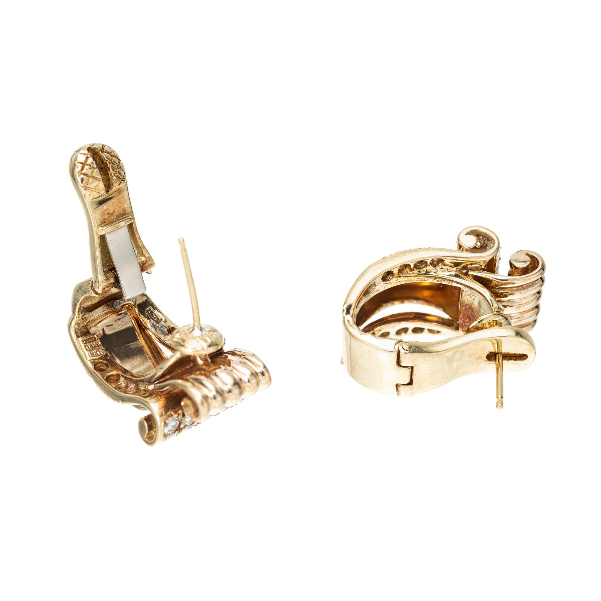 Round Cut 1.33 Carat Diamond Gold Late Art Deco Clip Post Swirl Earrings For Sale