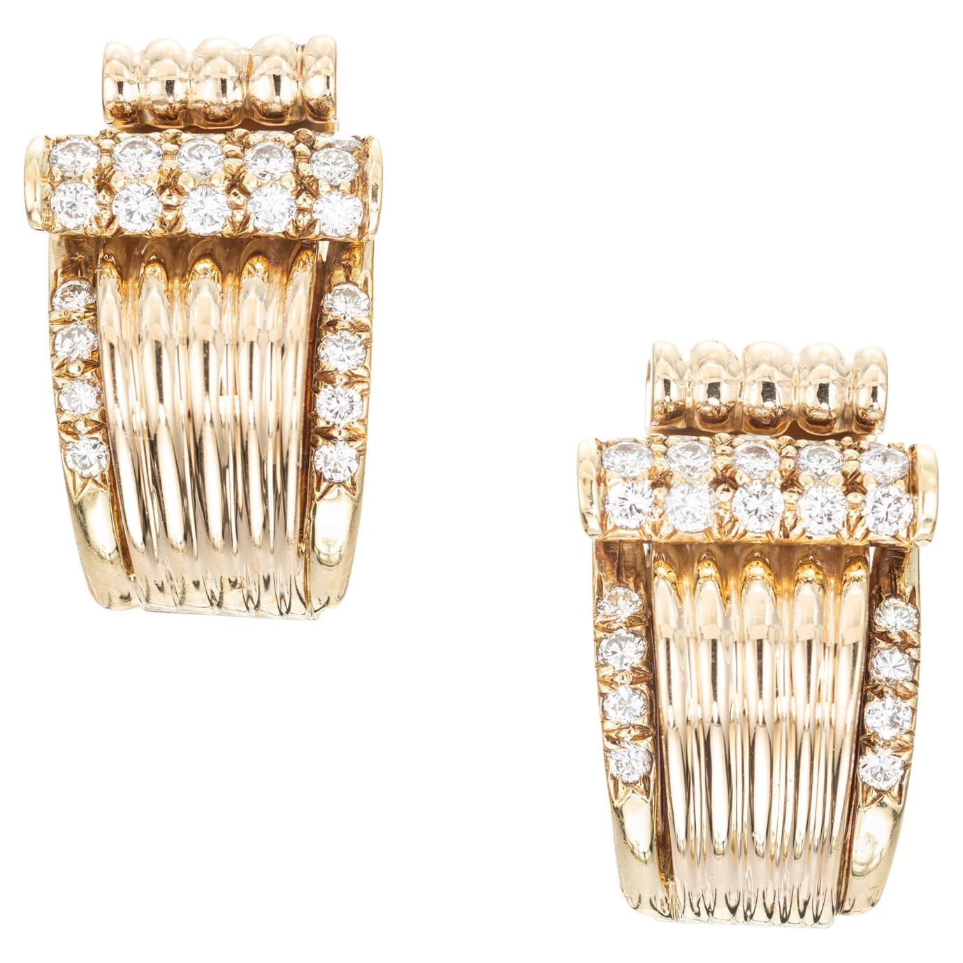 1.33 Carat Diamond Gold Late Art Deco Clip Post Swirl Earrings  For Sale