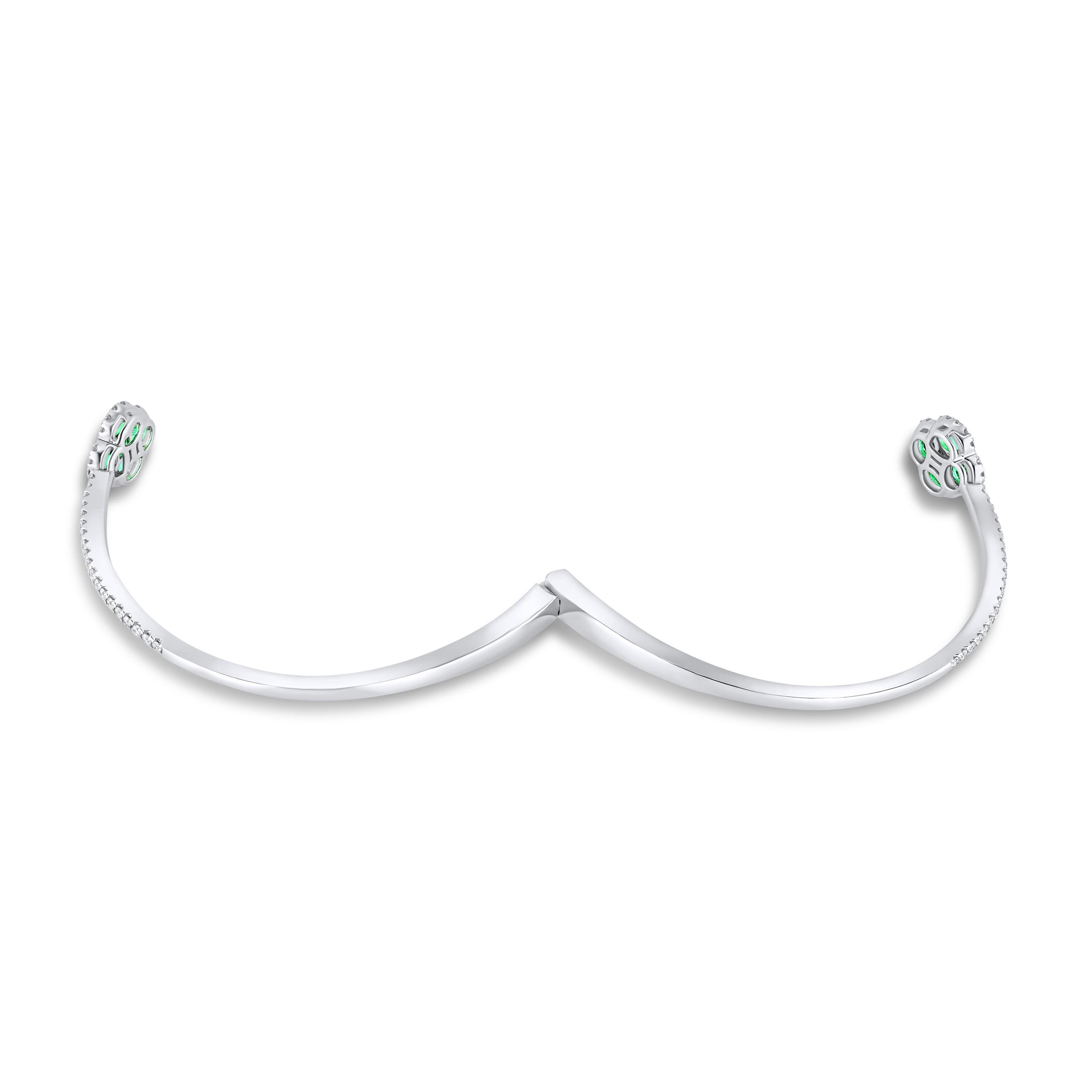 Mixed Cut 1.33 Carat Emerald Clover and Diamond Bangle in 18k White Gold