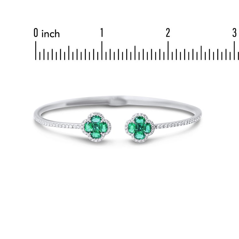 Women's 1.33 Carat Emerald Clover and Diamond Bangle in 18k White Gold For Sale