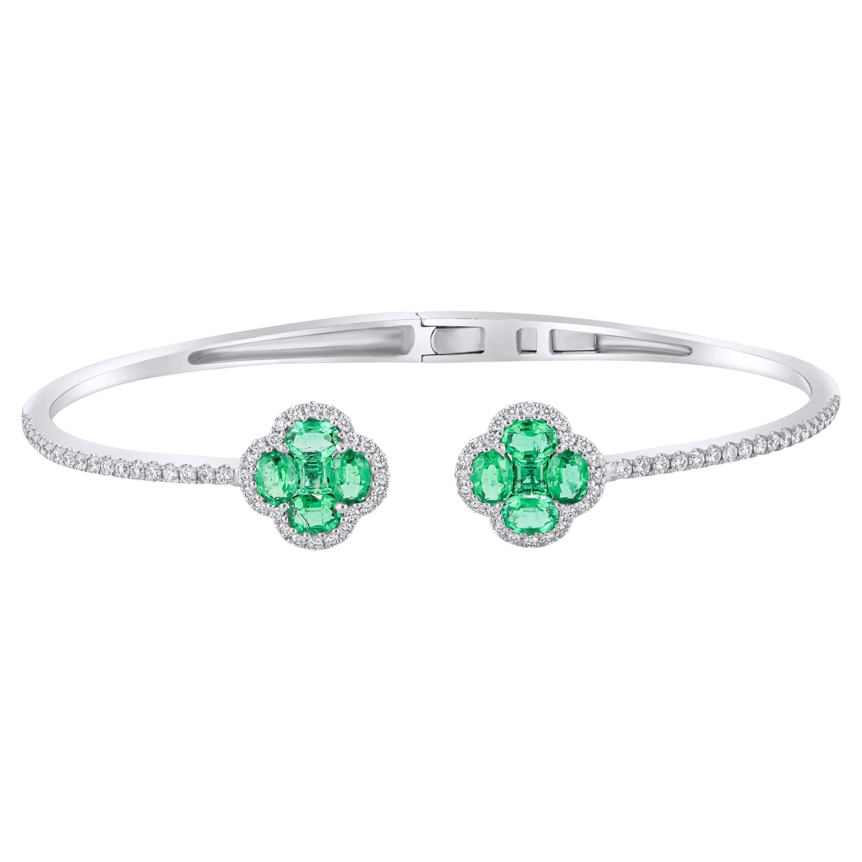 1.33 Carat Emerald Clover and Diamond Bangle in 18k White Gold