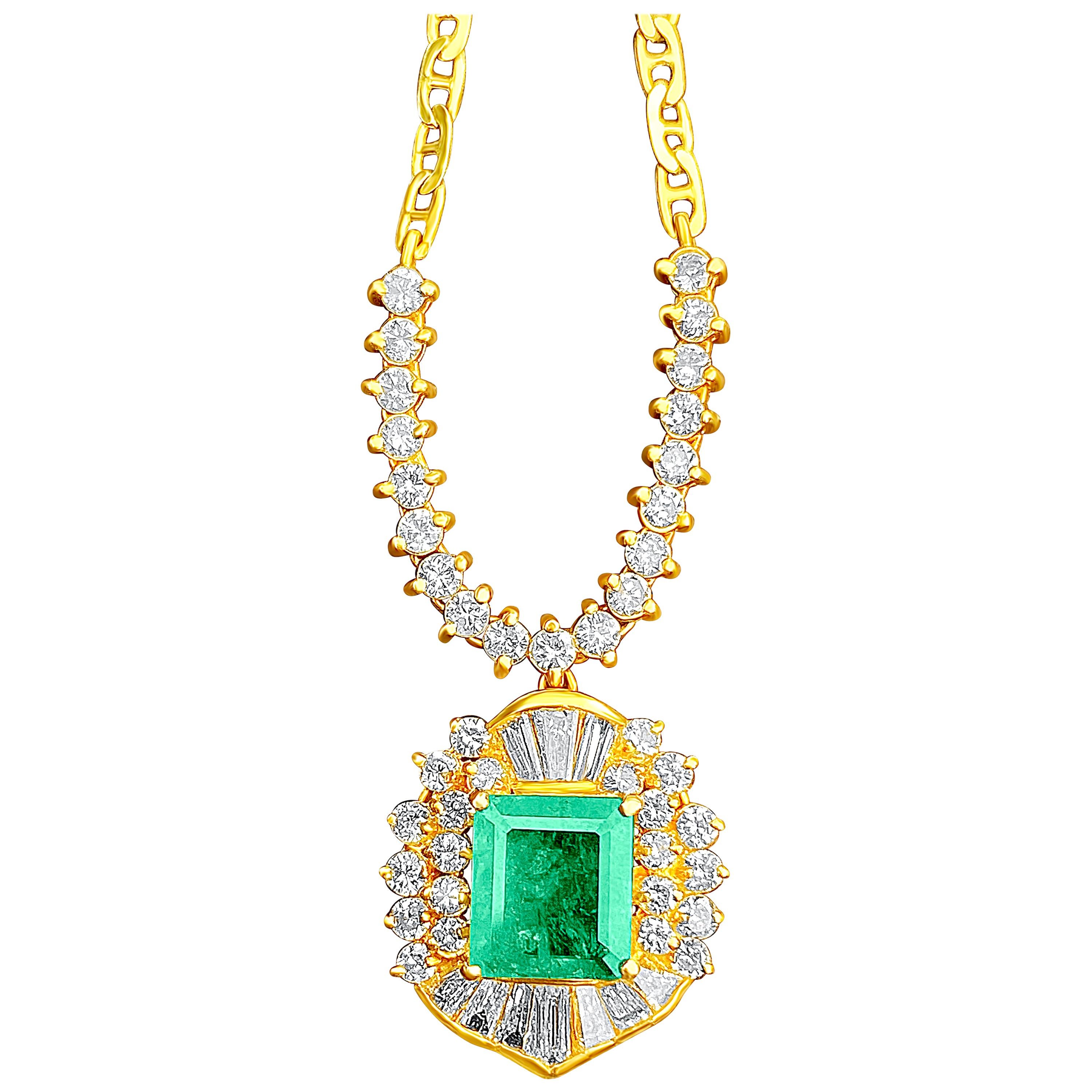 1.33 Carat Emerald-Cut Colombian Emerald, Diamond and 18 Karat Gold Pendant