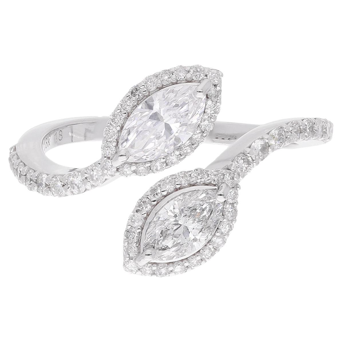 For Sale:  1.33 Carat Marquise Round Diamond Bypass Ring 18 Karat White Gold Fine Jewelry