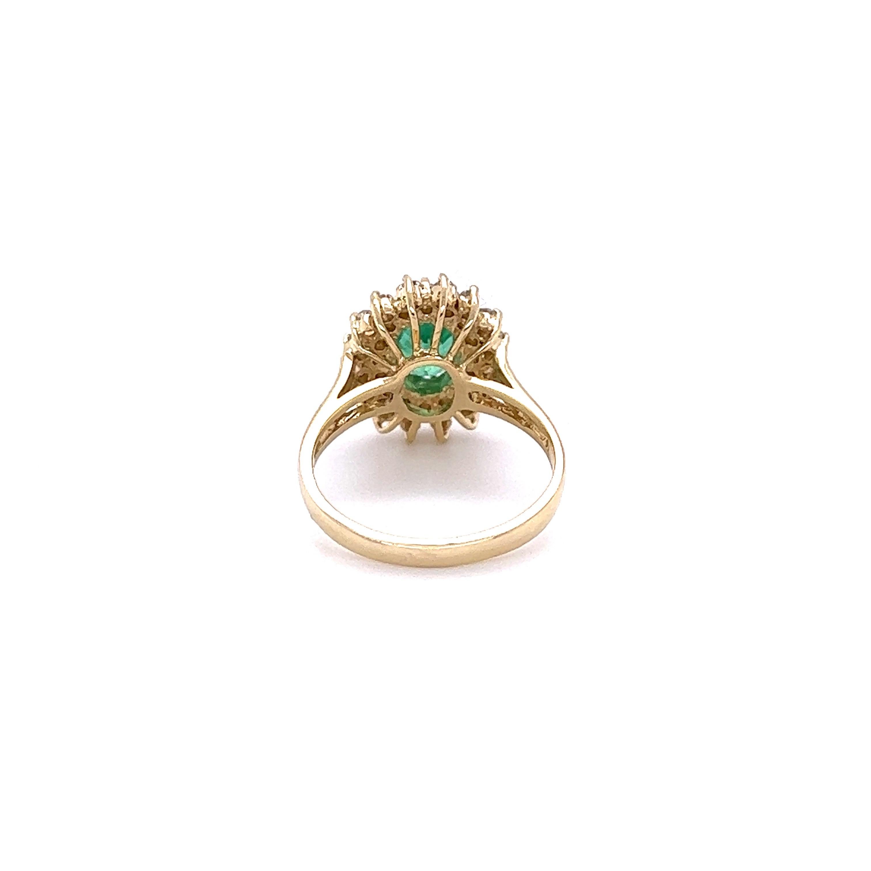 Oval Cut 1.33 Carat Natural Emerald Natural Diamond Yellow Gold Ring For Sale